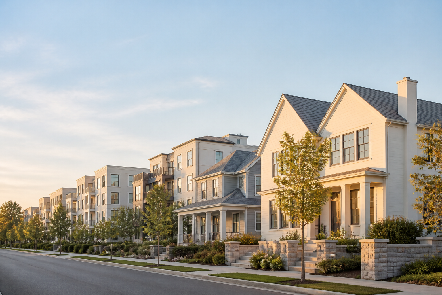 A calm, well-kept residential street with tidy homes at golden hour