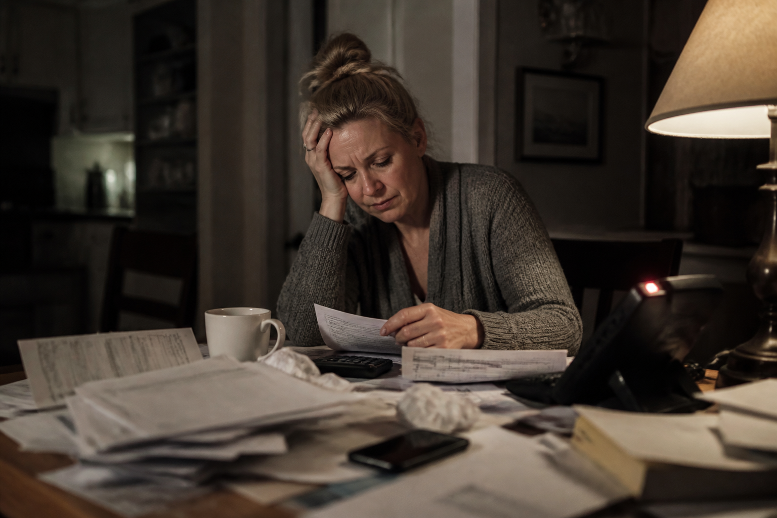A tired landlord managing repairs and paperwork alone at night